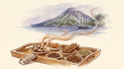 Illustration: A wooden tray of single whole spices each in its own small dish — nutmeg, cloves, cinnamon quills, cardamom, star anise, peppercorns — and a grater