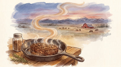 Illustration: A thick steak crusted in coarse peppery steak spice searing in a cast-iron pan, a jar of the spice and a sprig of rosemary beside it