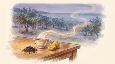 Illustration: A porcelain cup of amber tea, a heap of black leaves flecked with blue cornflower and a cut bergamot orange on a polished table