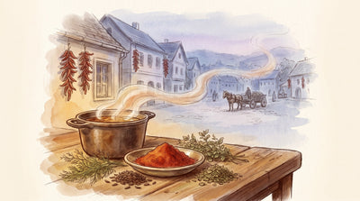 Illustration: A dish of sweet paprika, caraway, dill and marjoram beside a cast-iron pot on a scrubbed table