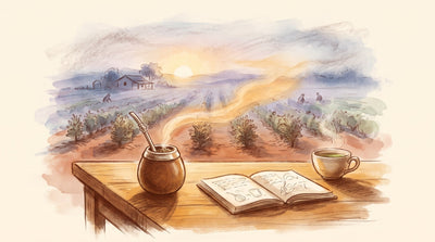 Illustration: A gourd of yerba mate with a silver bombilla and a cup of green tea on a desk beside an open notebook in morning sun
