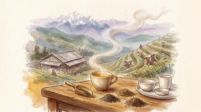 Illustration: A cup of bright tea, a brass grading scoop and three small heaps of leaf from one garden on a planter's desk, a tasting set laid out beside them