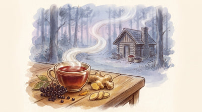 Illustration: A steaming cup of dark red tea beside a cluster of elderberries, a knob of fresh ginger and a sliced root of ginseng on a scrubbed kitchen table