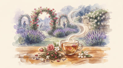 Illustration: A glass cup of floral tea, a heap of green tea with rose petals, lavender buds and jasmine flowers, and a few fresh blossoms on a table
