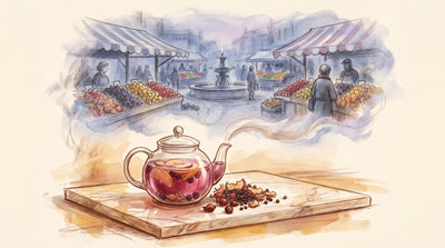 Illustration: A glass teapot of deep pink infusion with slices of fruit suspended in it, a heap of dried rosehip, elderberry and apple beside it on a marble slab