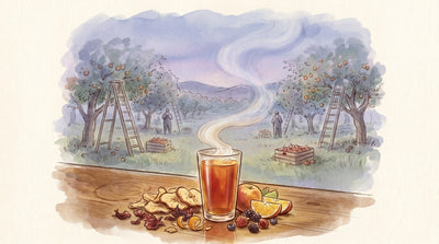 Illustration: A tall glass of red-gold infusion and a heap of dried apple, hibiscus, orange peel and berries on a wooden counter, fresh fruit cut beside it