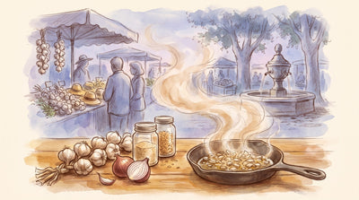 Illustration: A braid of garlic bulbs, a red onion cut in half, jars of garlic powder and onion flakes, and a pan of onions sizzling in oil