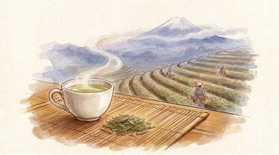 Illustration: A porcelain cup of pale green tea and a small heap of flat green leaves on a bamboo mat