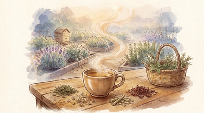 Illustration: A cup of herbal tea beside heaps of dried peppermint, chamomile, lemongrass and hibiscus on a kitchen table