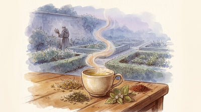 Illustration: A cup of pale gold infusion beside small heaps of chamomile, peppermint, lemon balm and rooibos on a scrubbed wooden counter