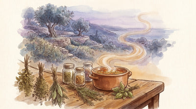 Illustration: Bunches of dried herbs — oregano, thyme, rosemary, sage, basil — tied with string beside small jars of crumbled leaves and a steaming pot of soup