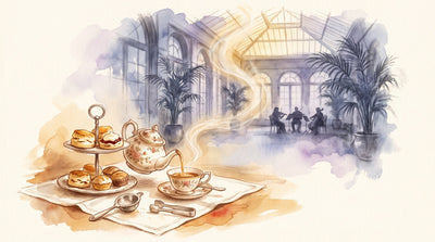 Illustration: A tiered stand of scones and small cakes beside a porcelain pot pouring into a fine cup, a silver strainer and sugar tongs on a white cloth