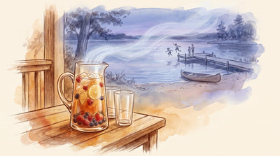 Illustration: A tall glass pitcher of iced fruit tea with ice, lemon and fresh berries, two glasses beside it on a porch table in summer