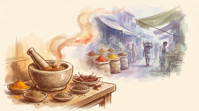 Illustration: A stone mortar of freshly ground masala beside dishes of turmeric, coriander seed, cumin and dried chillies on a worn wooden counter