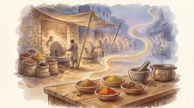 Illustration: Small bowls of garam masala, tandoori, madras and biryani blends in a row beside a stone mortar and a pot on a kitchen counter