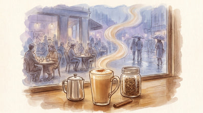 Illustration: A tall mug of tea latte with foam, a small milk frother, a jar of chai leaves and a cinnamon stick on a café counter