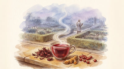 Illustration: A cup of deep red tea beside dried hibiscus flowers, a piece of turmeric root and a scatter of hawthorn berries on a stone counter