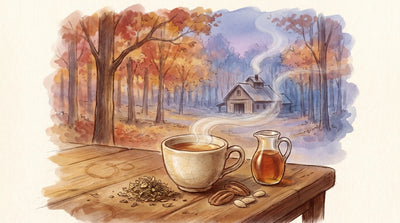 Illustration: A cup of maple-nut tea, a heap of tea leaves with pecans and almond slivers, and a small jug of maple syrup on a wooden table
