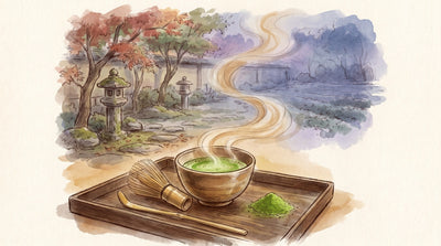 Illustration: A bowl of bright green whisked matcha, a bamboo whisk and scoop and a small heap of vivid powder on a dark tray
