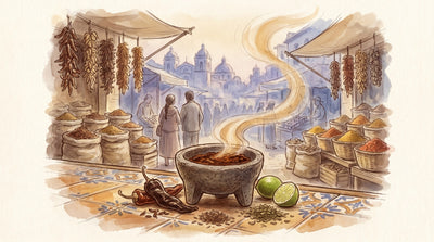Illustration: A stone molcajete of ground chilli beside dried ancho and guajillo pods, cumin, oregano and a lime on a painted tile counter