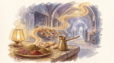 Illustration: A dish of za'atar, sumac, cumin and dried rose petals beside flatbread and a brass pot on a stone counter