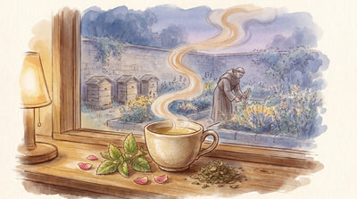 Illustration: A cup of pale gold tea beside sprigs of fresh lemon balm, a few rose petals and a small heap of tulsi leaves on a sunlit windowsill