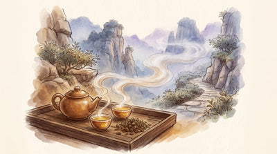 Illustration: A small clay pot and two tiny cups of golden tea beside a heap of tightly rolled leaves on a dark wooden tray