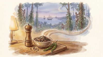 Illustration: A wooden pepper mill, a bowl of black, white, green and pink peppercorns and a sprig of fresh green pepper berries on a board