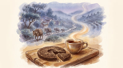 Illustration: A pressed cake of dark tea with a wedge broken from it and a cup of deep brown liquor beside it on an old wooden board