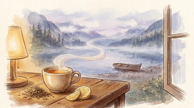 Illustration: A single plain cup of clear amber tea beside a small heap of loose leaves and one slice of lemon on an empty wooden table, a window open beside it