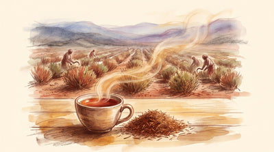 Illustration: A cup of deep red-amber tea beside a heap of fine red needles on a sun-bleached wooden table