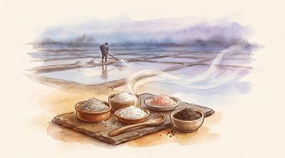 Illustration: Small dishes of sea salts — coarse grey, flaky white, pink crystals and dark smoked salt — with a wooden spoon on a slate board