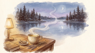 Illustration: A cup of chamomile tea, a sprig of lavender and a small dish of dried valerian root on a bedside table beside a lamp turned low and a closed book