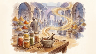 Illustration: A row of glass jars of colourful spice blends — red, gold, green and brown — and a stone mortar with whole spices being ground