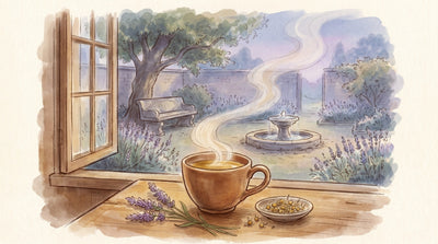 Illustration: A cup of lemon balm tea, a sprig of lavender and a dish of dried chamomile on a table by an open window