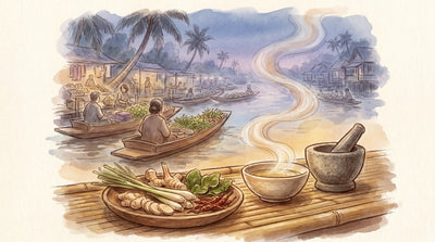 Illustration: A dish of lemongrass, galangal, kaffir lime leaves and dried chillies beside a mortar and a steaming bowl on a bamboo counter