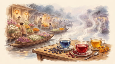 Illustration: A row of glass cups of unusual teas in blue, red and gold — butterfly pea flower, hibiscus, marigold — with heaps of each flower beside them