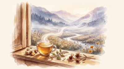 Illustration: A cup of golden herbal tea, a knob of ginger, a sprig of tulsi and a few dried echinacea flowers on a sunny windowsill