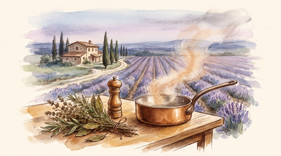 Illustration: A bundle of thyme, rosemary, bay and tarragon beside a pepper mill and a copper pan on a farmhouse table