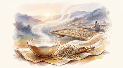 Illustration: A wide shallow cup of very pale tea beside a heap of silver downy buds on a linen cloth