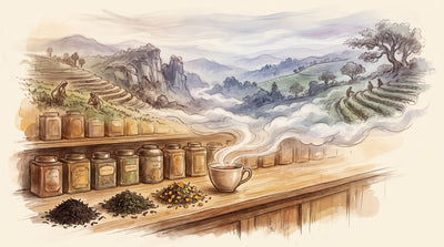 Illustration: Rows of tea tins with a scoop of loose black, green and herbal tea leaves in three small heaps and a steaming cup on a wooden counter
