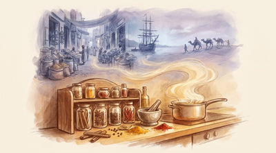 Illustration: A wooden spice rack of glass jars, whole cinnamon, star anise, peppercorns, chilies and a stone mortar on a kitchen counter, a pot simmering beside them