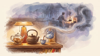 Illustration: Three teapots on a wooden shelf — a glass pot, a cast-iron pot and a porcelain pot — one pouring into a cup