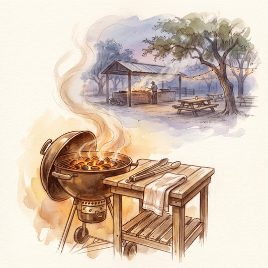 Illustration: BBQ Rub Set: Hickory, Mesquite, Chicken Rub & Smoked Salt, a backyard grill at dusk