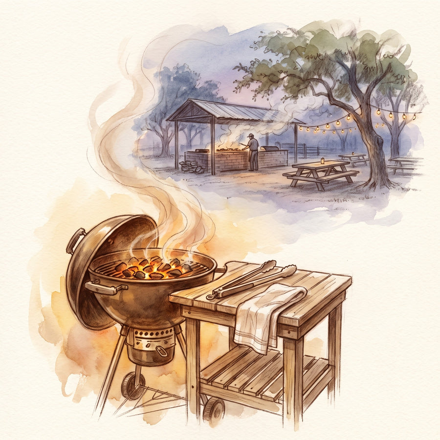 Illustration: BBQ Rub Set: Hickory, Mesquite, Chicken Rub & Smoked Salt, a backyard grill at dusk