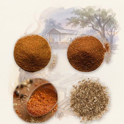 BBQ Rub Set: Hickory, Mesquite, Chicken Rub & Smoked Salt: Hickory BBQ Seasoning, Mesquite Blend, Smoked Applewood Sea Salt and Chicken Rub Blend, shown over a chalk-and-watercolour illustration
