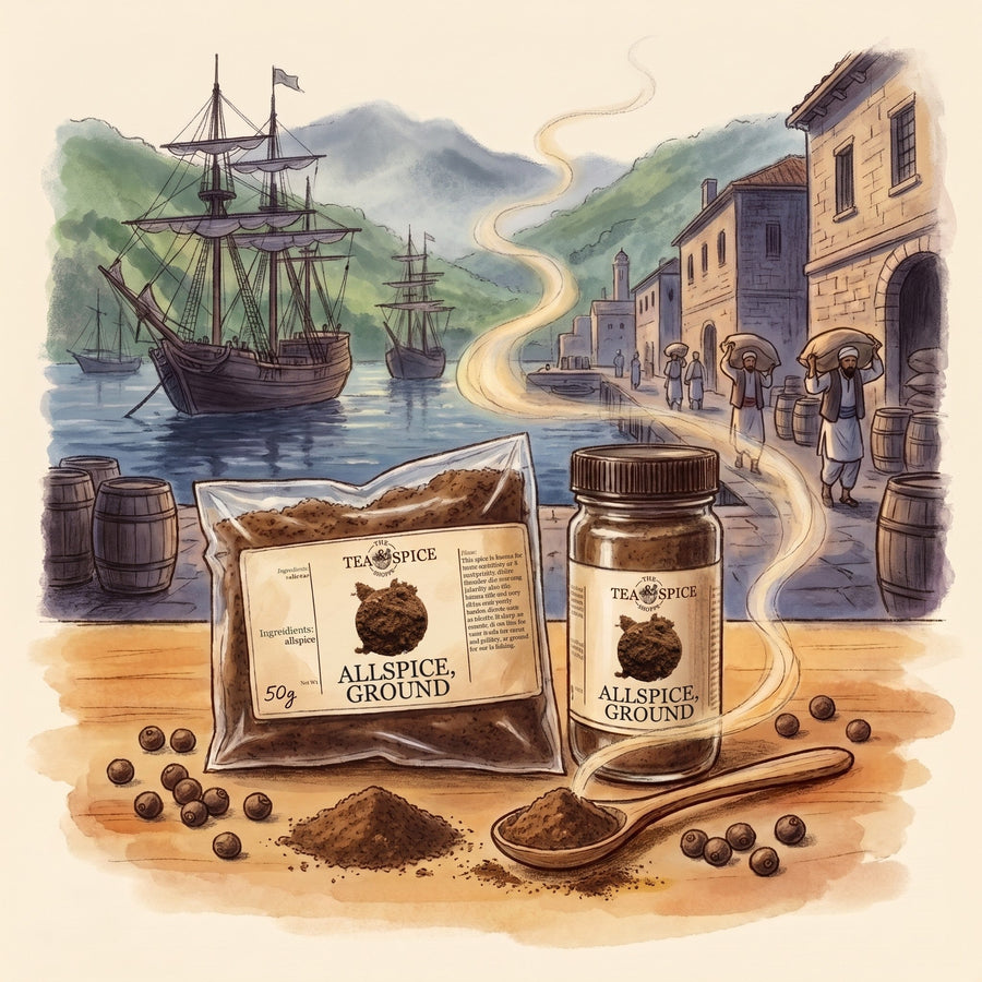 Illustration of Allspice, Ground in The Tea & Spice Shoppe bag and jar, with Jamaica's green hill country