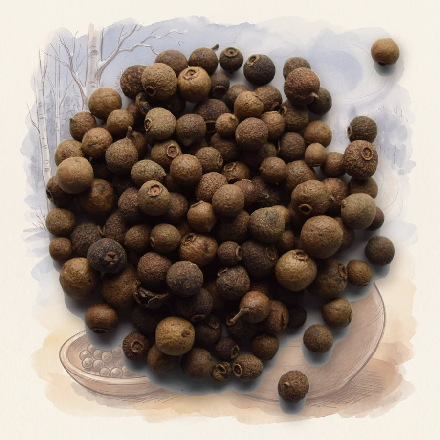 Allspice, Whole spice, shown over a chalk-and-watercolour illustration