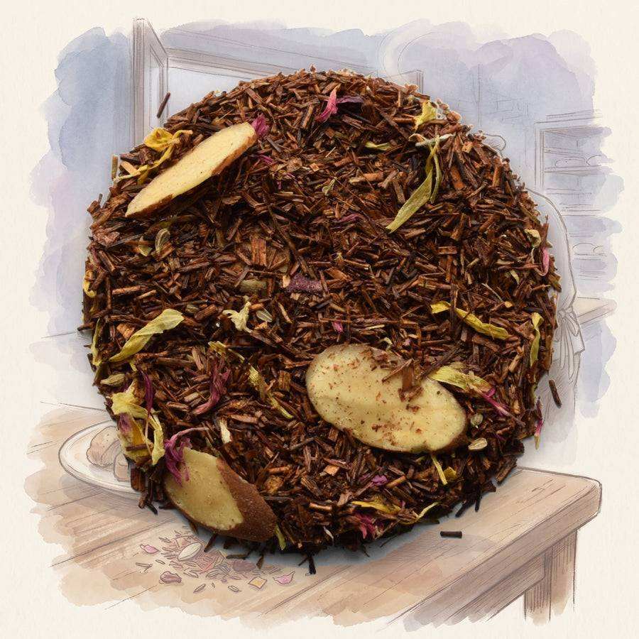 Almond Biscotti loose leaf tea, shown over a chalk-and-watercolour illustration