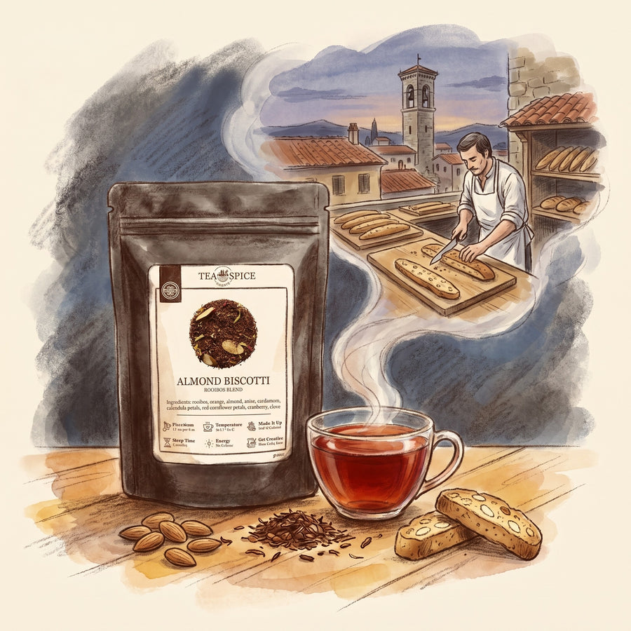 Illustration of Almond Biscotti in The Tea & Spice Shoppe pouch, with a bakery in Prato, Tuscany, in the 1860s